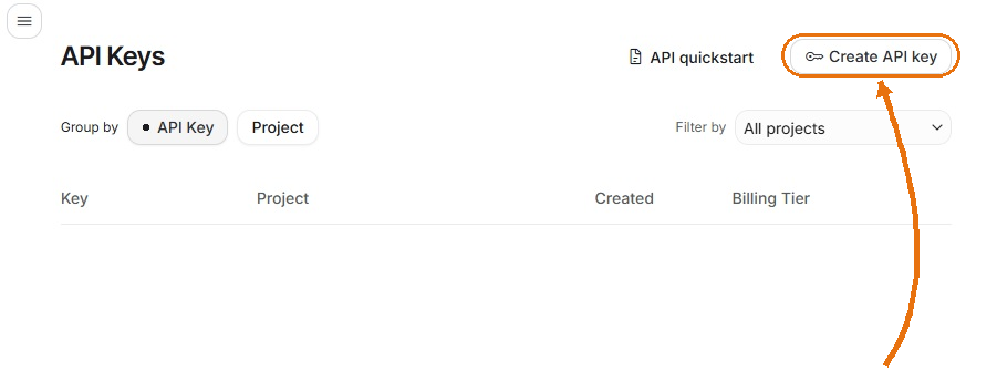 Google AI Studio API Keys page with an arrow pointing to the Create API key button in the top right
